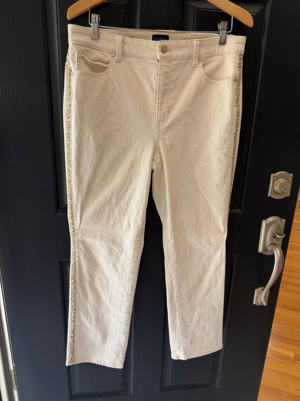 Talbots Cream Straight-Leg Jeans with Gold Metallic Side Trim
